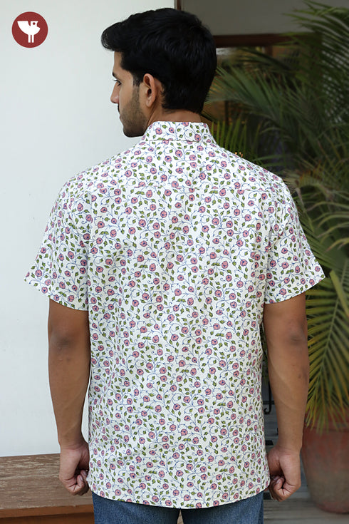 Regular Fit Cotton Satin Men’s Half Sleeved Shirt In Block Print