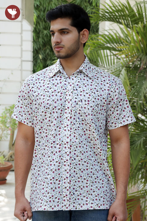 Regular Fit Cotton Satin Men’s Half Sleeved Shirt In Block Print
