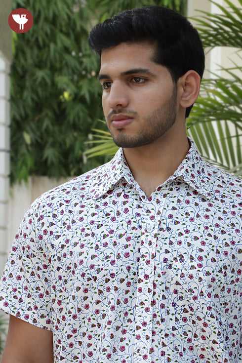 Regular Fit Cotton Satin Men’s Half Sleeved Shirt In Block Print
