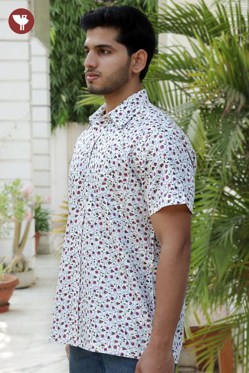 Regular Fit Cotton Satin Men’s Half Sleeved Shirt In Block Print
