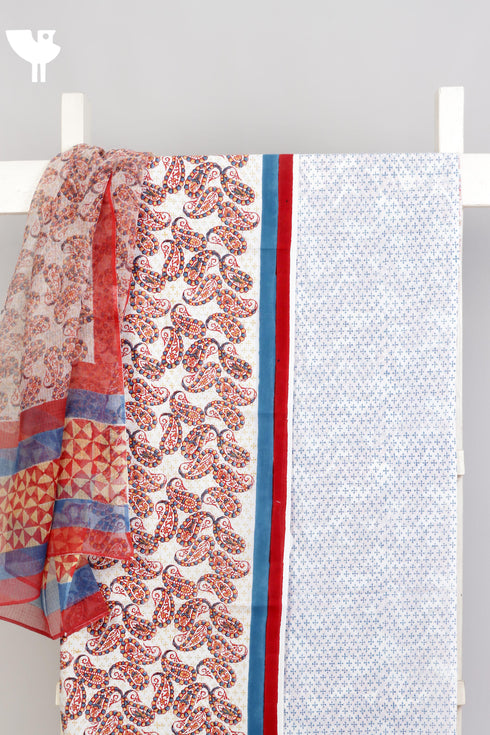 Cambric Cotton Dress Material With Kota Doria Dupatta in Paisley Block Print