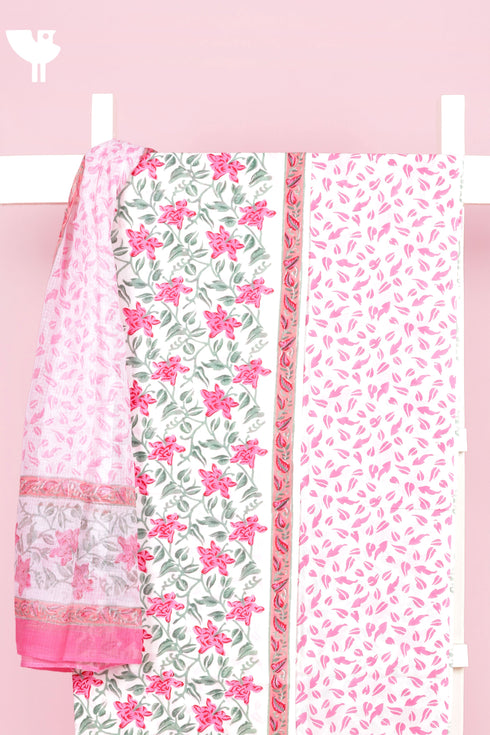 Cambric Cotton Dress Material With Kota Dupatta in Block Print