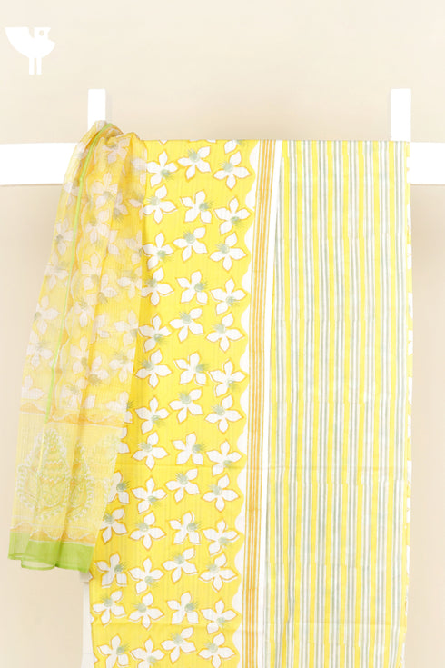 Cambric Cotton Dress Material with Kota Doria Dupatta in Floral Block Print