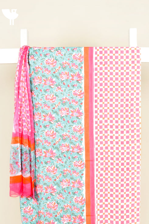 Bizzy Lizzy Dress Material With Chiffon Dupatta In Floral Block Print