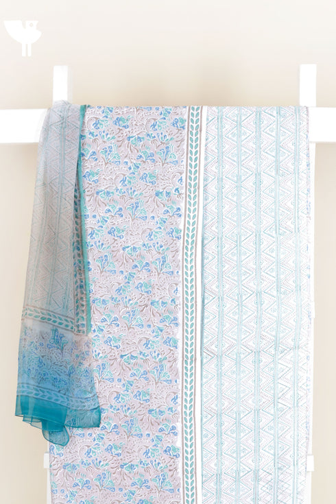 Cambric Cotton Dress Material With Chiffon Dupatta in Block Print