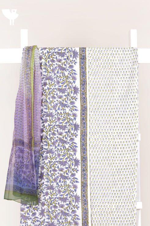 Cambric Cotton Dress Material With Chiffon Dupatta in Block Print