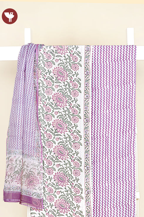 Bizzy Lizzy Dress Material With Kota Dupatta In Floral Block Print