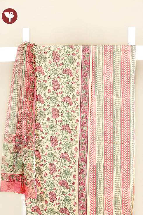 Terry Voile Dress Material With Kota Dupatta in Floral Block Print