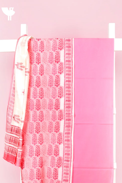 Chanderi Silk Dress Material With Dupatta In Block Print