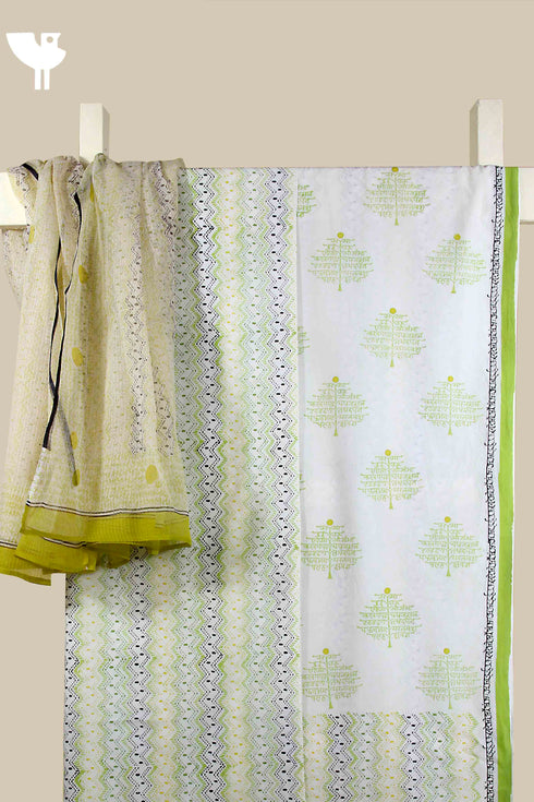Cambric Cotton Dress Material With Kota Dupatta in Lime Green And Chartreuse Block Print