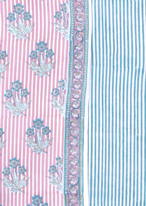 Cambric Cotton Dress Material With Kota Doria Dupatta in Stripe & Floral Block Print