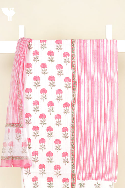 Stripe Cambric Cotton Dress Material With Kota Dupatta In Floral Block Print