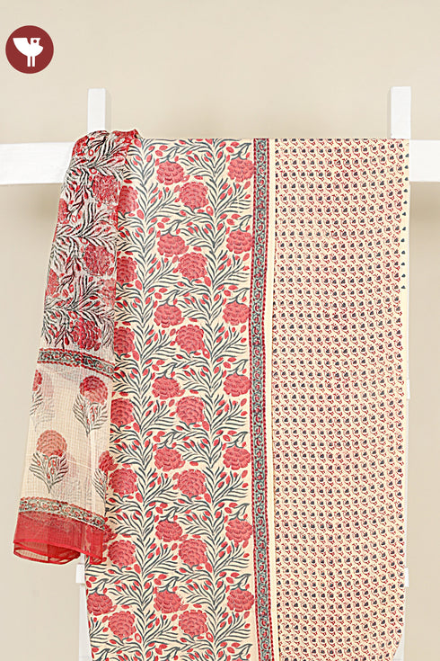 Terry Voile Dress Material with Kota Dupatta In Floral Block Print