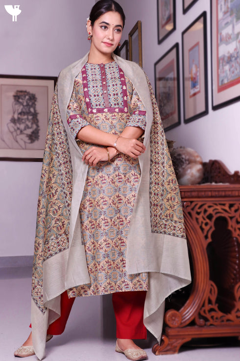 Chanderi Silk Kurta Dupatta Set In Floral Block Print