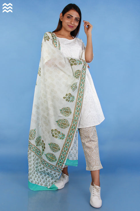 Mul Mul Cotton Wrap In Minty Green And Gold Block Print