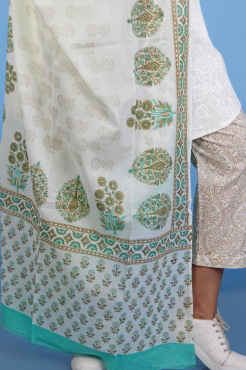 Mul Mul Cotton Wrap In Minty Green And Gold Block Print