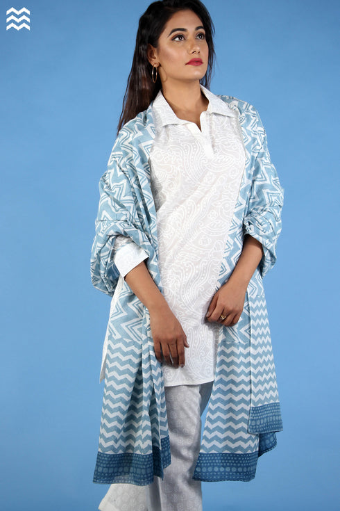 Mul Mul Cotton Wrap In Steel Blue Graphic Block Print
