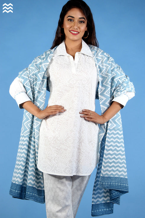 Mul Mul Cotton Wrap In Steel Blue Graphic Block Print