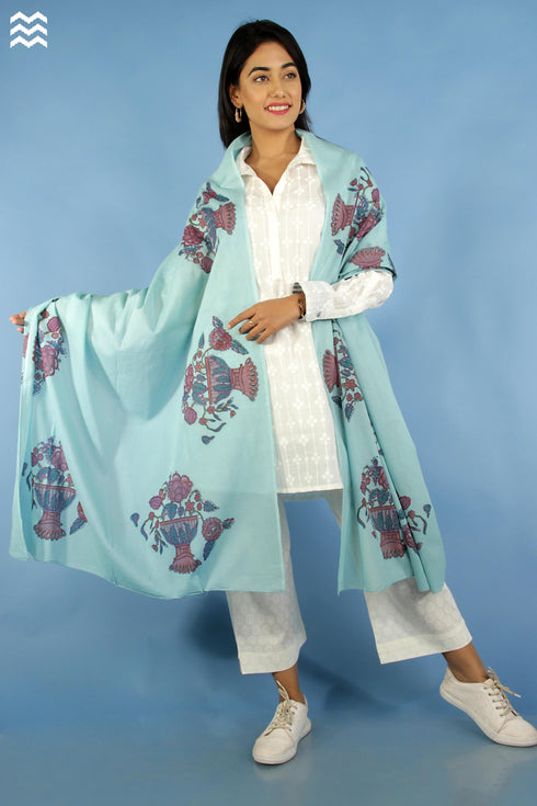 Mul Mul Cotton Wrap In Floral Block Print