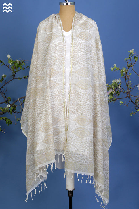 Bengal Cotton Zari Wrap in Sand Block Print