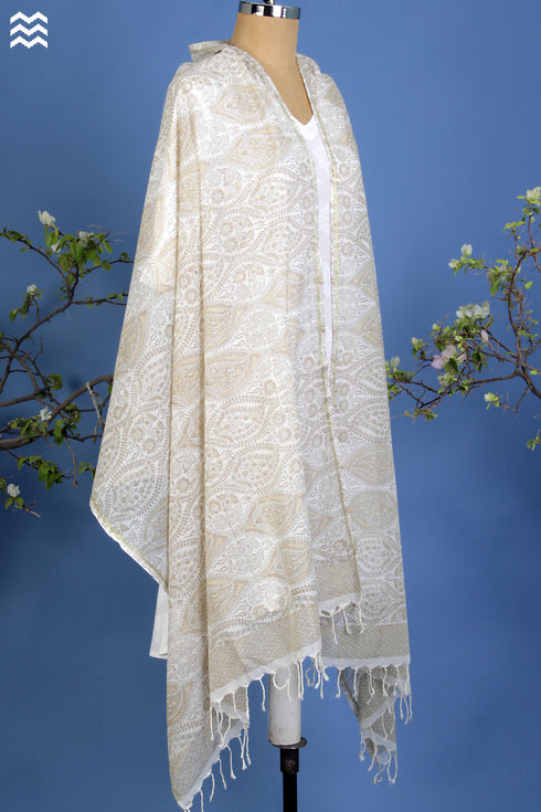 Bengal Cotton Zari Wrap in Sand Block Print