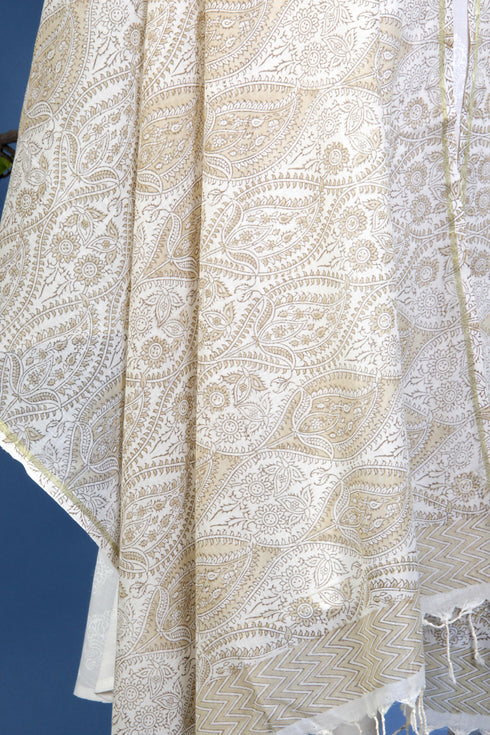 Bengal Cotton Zari Wrap in Sand Block Print