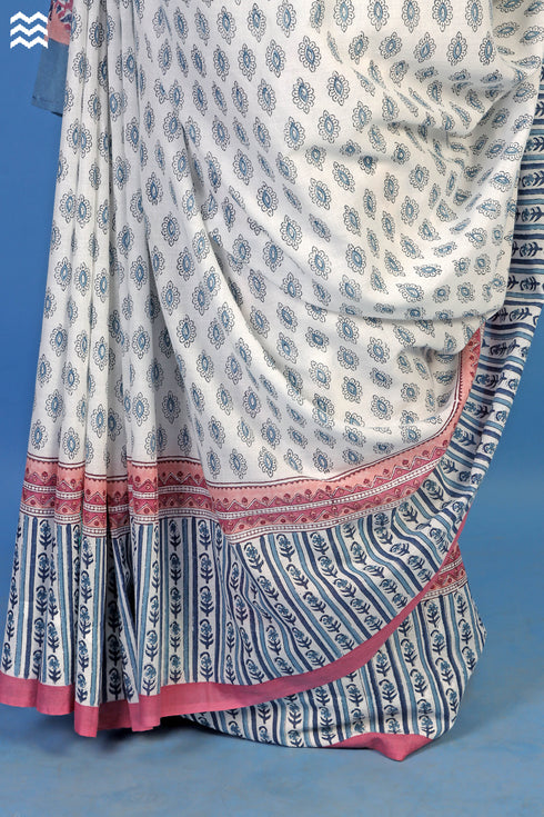 Mulmul Cotton Saree With Fall In Graphic Block Print