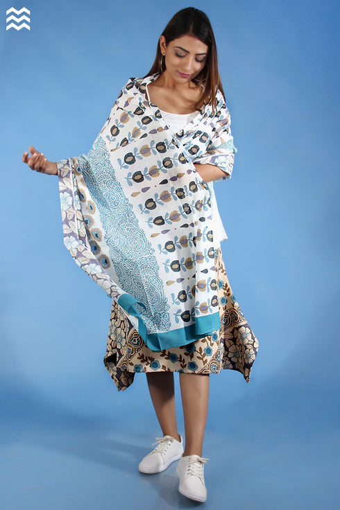 Mul Mul Cotton Wrap In Teal And Blueberry Block Print