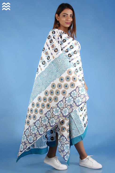 Mul Mul Cotton Wrap In Teal And Blueberry Block Print