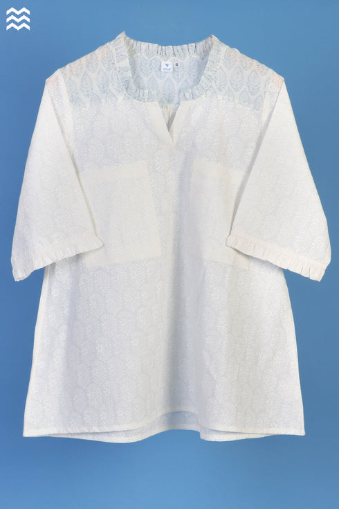 Slub Cotton Peter Pan Frilled Top In Ivory White Block Print