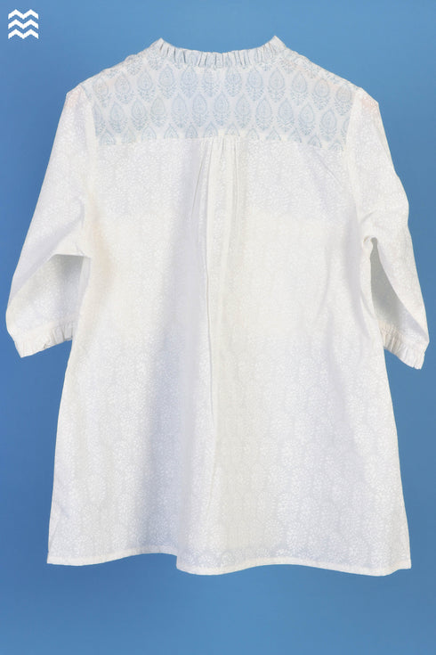 Slub Cotton Peter Pan Frilled Top In Ivory White Block Print