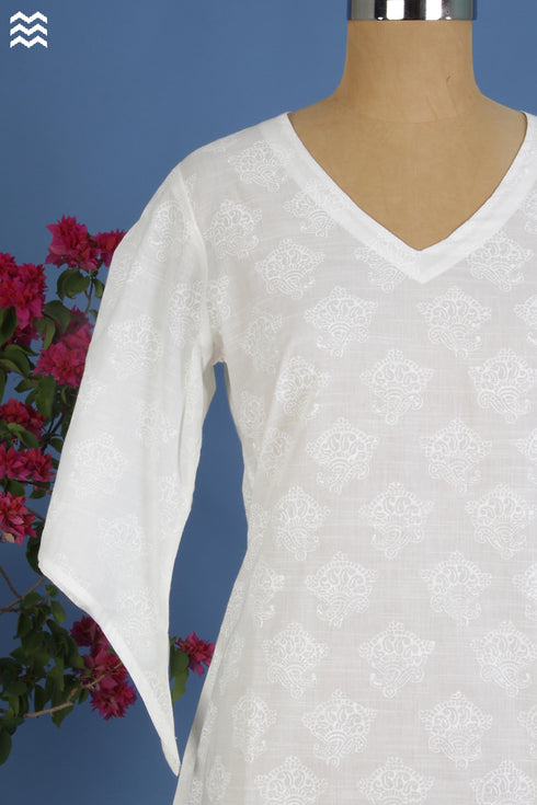 Cotton Slub White Block Printed Top