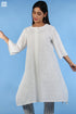 Slub Cotton Long SJB Top In Ivory White And Eggshell Blue Block Print
