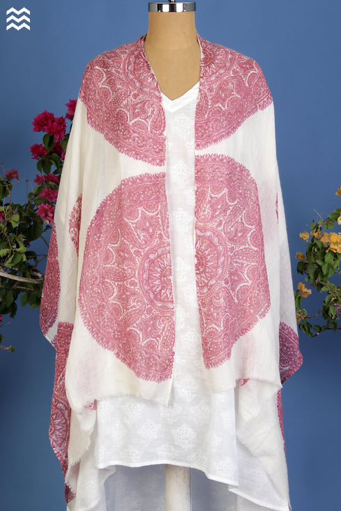 Woollen Stole in Large Round Pink Block Print