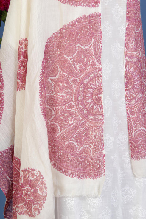 Woollen Stole in Large Round Pink Block Print