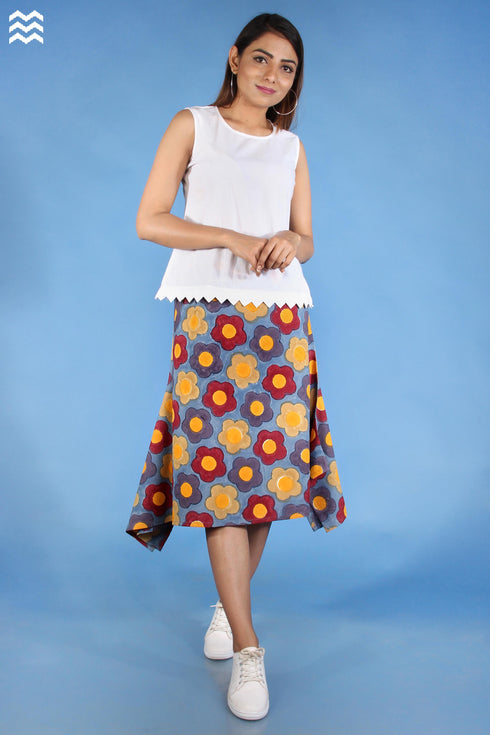 20s Cotton Oliver Skirt In Orange, Wine And Steel Blue Graphic Block Print
