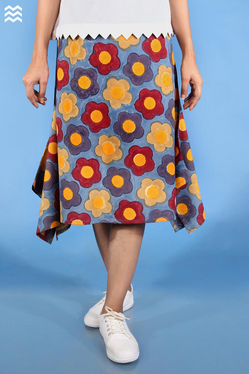20s Cotton Oliver Skirt In Orange, Wine And Steel Blue Graphic Block Print
