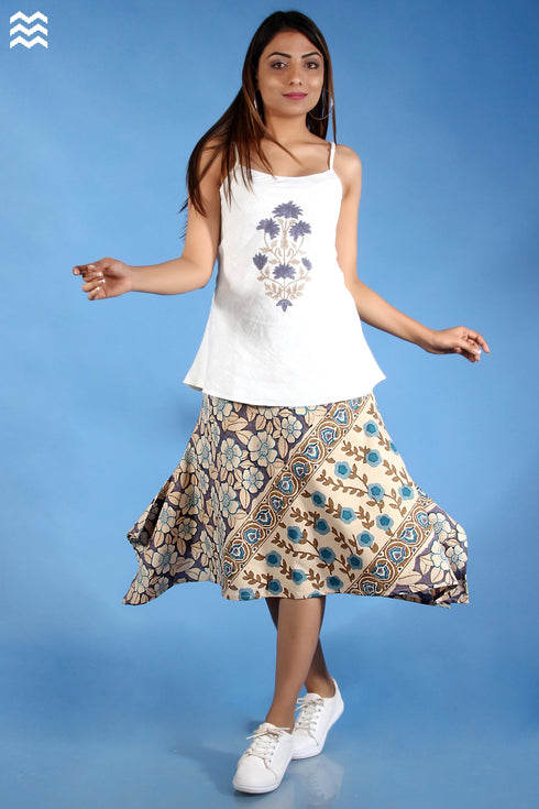 Khaadi Cotton Oliver Skirt in Aqua & Purple Block Prints