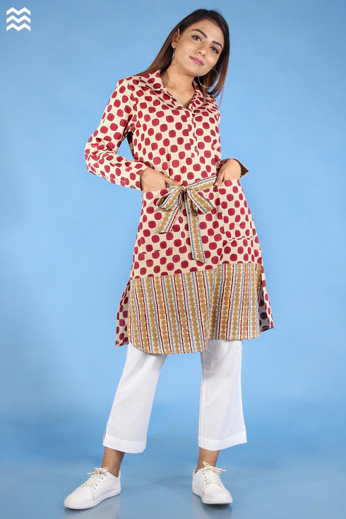 Slub Cotton Doctorwalla Dress In Beige And Wine Graphic Block Print