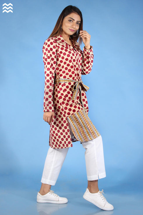 Slub Cotton Doctorwalla Dress In Beige And Wine Graphic Block Print