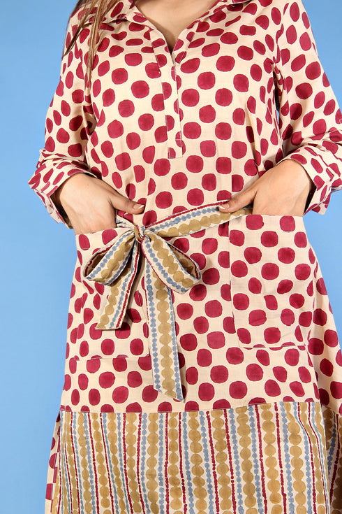 Slub Cotton Doctorwalla Dress In Beige And Wine Graphic Block Print