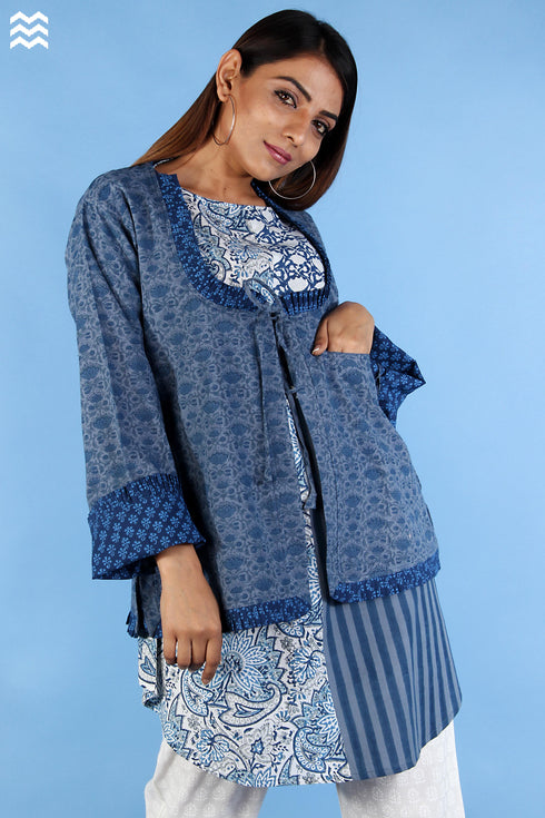 Khaadi Cotton Full Sleeved Jacket In Indigo Blue Floral Block Print
