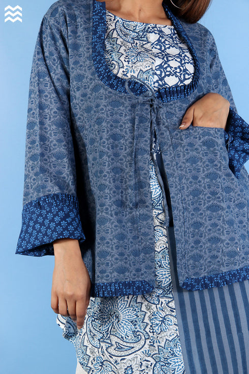 Khaadi Cotton Full Sleeved Jacket In Indigo Blue Floral Block Print