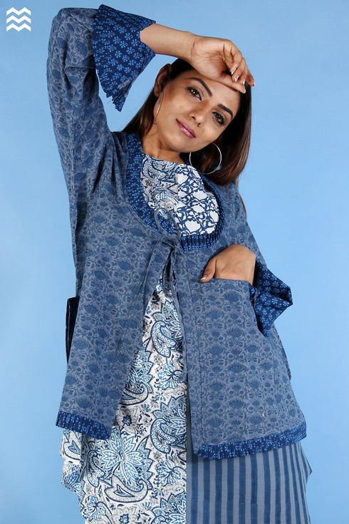 Khaadi Cotton Full Sleeved Jacket In Indigo Blue Floral Block Print