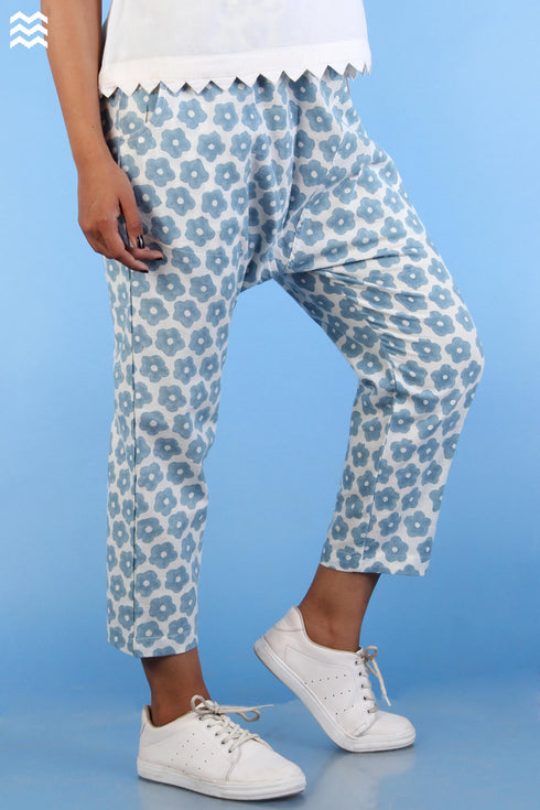 Khaadi Cotton New Joe Pants in Eggshell Blue Graphic Block Print