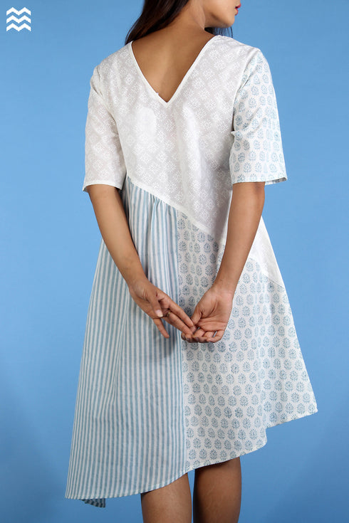 Cotton Spring Dress In Ivory White And Eggshell Blue Graphic Block Print