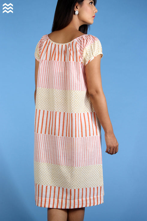 100% Fine Cotton Slub Anu Dress in Graphic Block Print