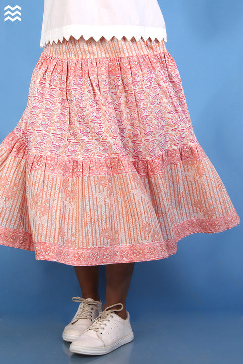 Cambric Cotton 80s Skirt In Floral Block Print