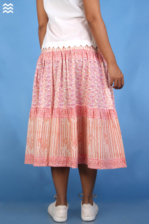 Cambric Cotton 80s Skirt In Floral Block Print