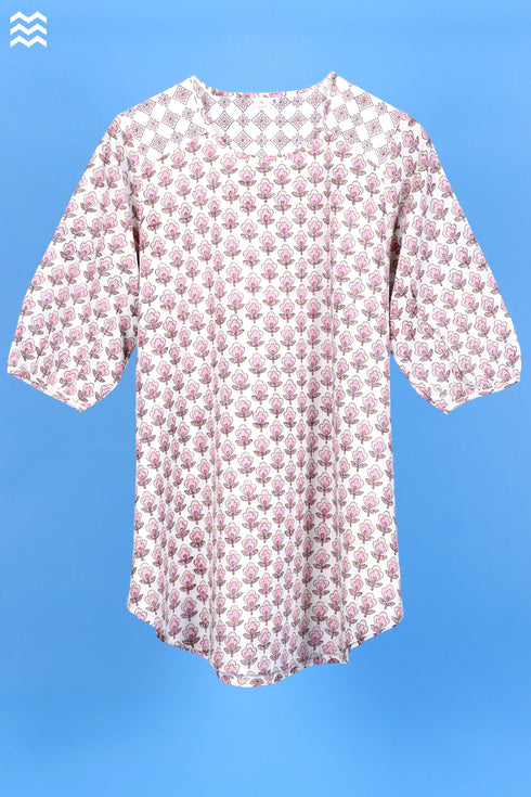 Crepe Cotton Rose Top In Floral Block Print